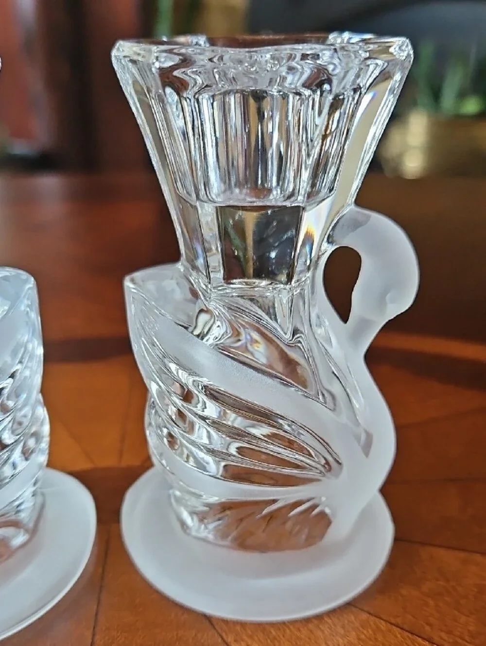 VTG PartyLite Clear Frosted 24% Lead Crystal Swan Taper Candle Holders Set of 2